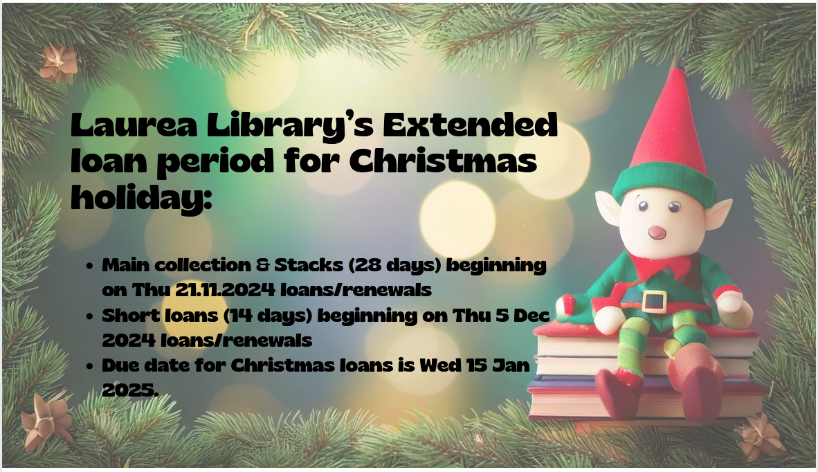 Main collection & Stacks (28 days) beginning on Thu 21.11.2024 loans/renewals Short loans (14 days) beginning on Thu 5 Dec 2024 loans/renewals Due date for Christmas loans is Wed 15 Jan 2025.