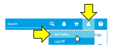 In English: Screenshot with a link to "My profile" (select icon user - My Profile). In Finnish: Ruutukaappaus, jossa oman profiilin linkki (icon user - My Profile)