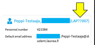In English: Screenshot displaying part of "My profile" page - Student's name, highlighted username and e-mail address.In Finnish: Ruudunkaappaus, jossa käyttäjätunnus ja sähköpostiosoite omassa profiilissa