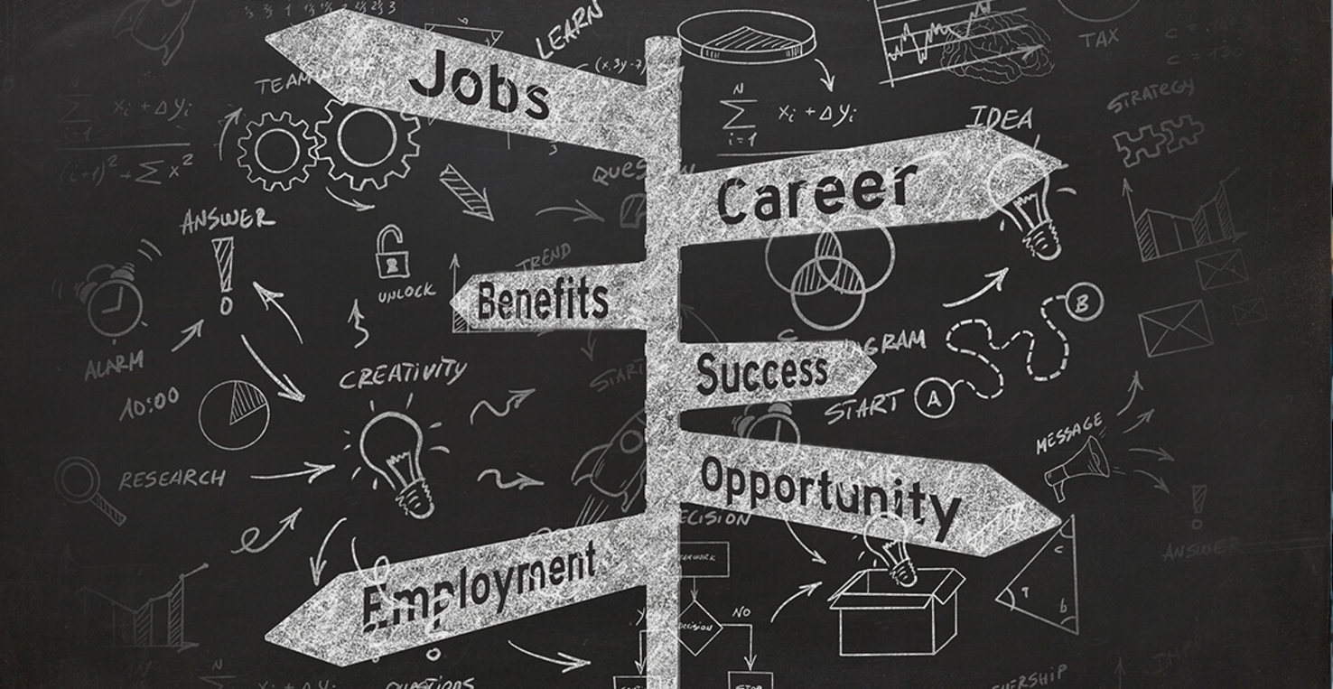 Kuvituskuva. Kyltti, jossa on englanninkielistä tekstiä: työpaikat, ura, edut, menestys, mahdollisuus, työllisyys.